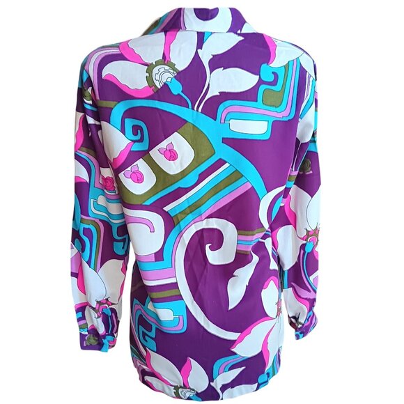Large Vintage 70s Psychedelic Print Blouse Abstract Floral Groovy Granny Hippie - Picture 7 of 9